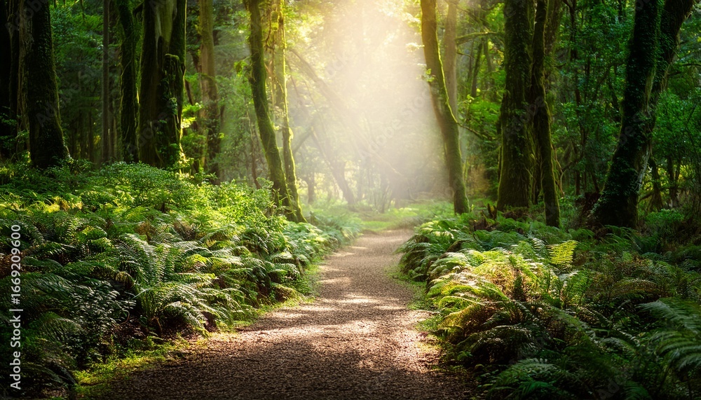 Fototapeta premium a serene pathway illuminated by light through a lush enchanting forest