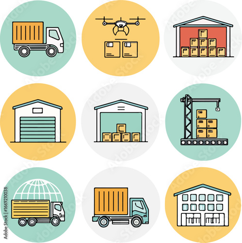 Logistics and Warehouse Icons with Delivery Trucks, Drone, and Storage – Vector Set