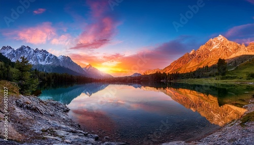 serene mountain lake sunset panorama capturing vibrant sky colors and majestic peaks reflected in calm water mountain lake in the morning