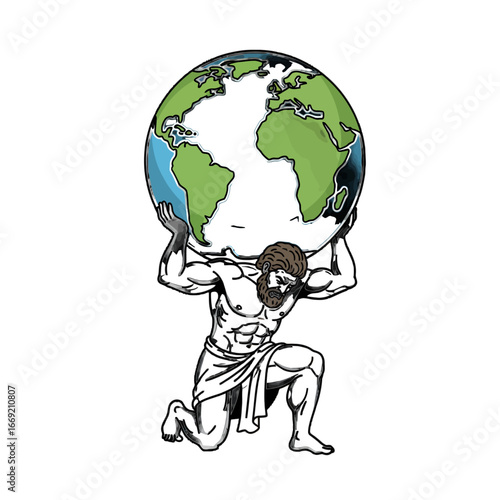 A detailed illustration of Atlas, a mythological figure, holding the world on his shoulders.