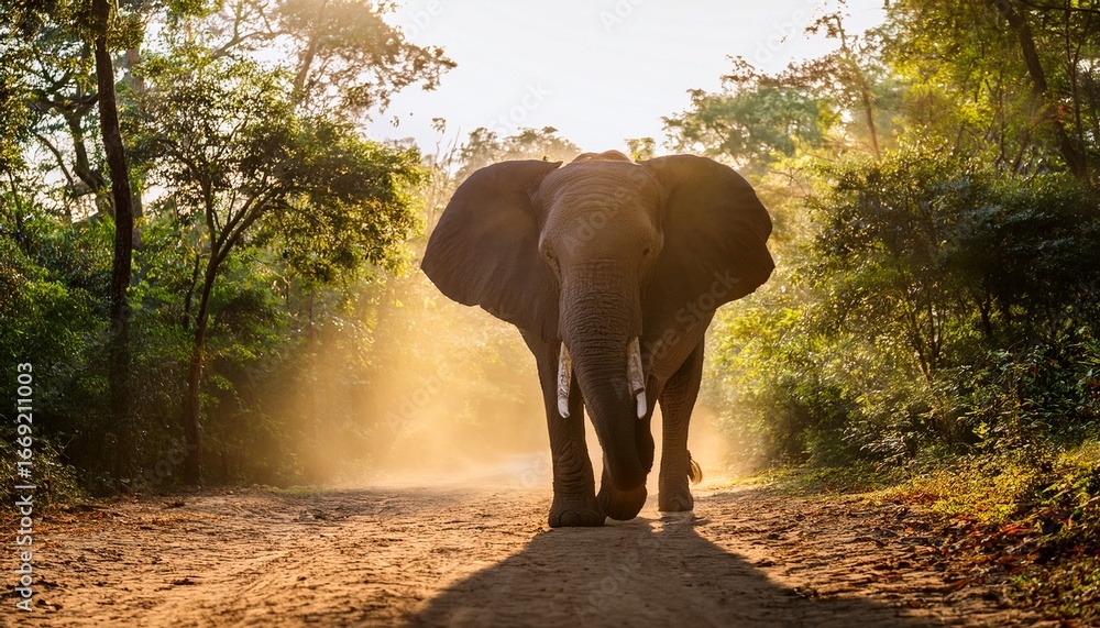 Fototapeta premium majestic elephant walks through sunlit dusty path in serene forest setting
