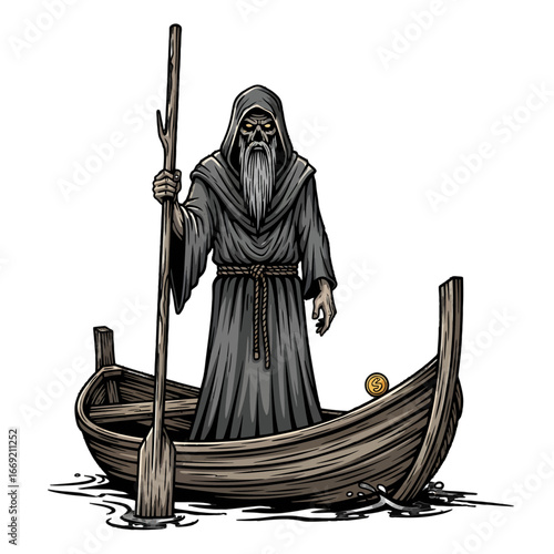 Illustration of a skeletal ferryman in a dark robe with a long beard, standing in a wooden boat holding an oar, with a golden coin inside.