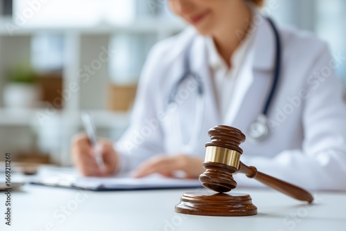 Wooden gavel on a white desk with a doctor writing in the background. concept for medical malpractice, healthcare compliance and pharmaceutical regulation