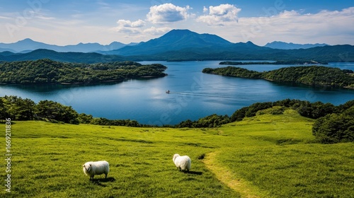 Serene Lake Inawashiro Vista: Sheep Grazing on Lush Green Hills with Distant Mountains
