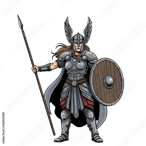 A powerful female Valkyrie warrior in full silver armor, holding a spear and a shield, ready for battle.