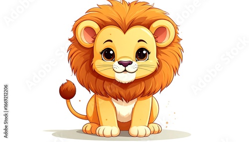 Cute Cartoon Lion Cub Sitting, White Background (1)