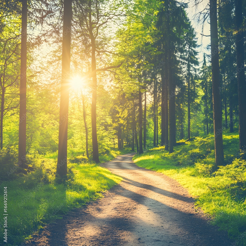 Obraz premium Sunlit Forest Path Summer Trail Nature Scene