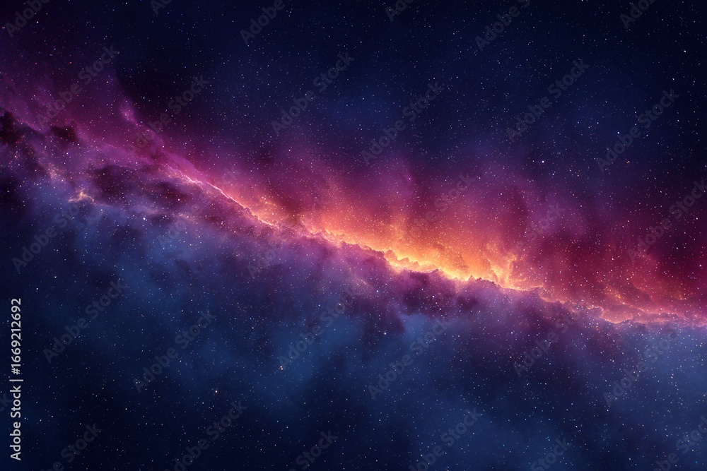 Fototapeta premium Vibrant cosmic nebula with orange and pink hues against a star-studded dark blue backdrop. Concept for space exploration, science fiction backgrounds and astronomical presentations