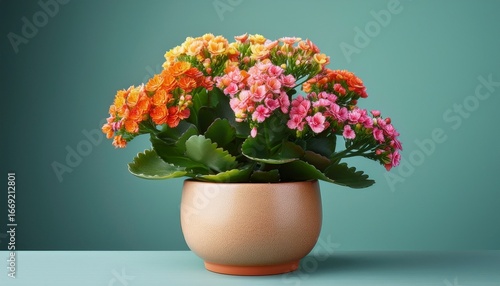 colorful kalanchoe flowers in a ceramic pot on a minimalistic background