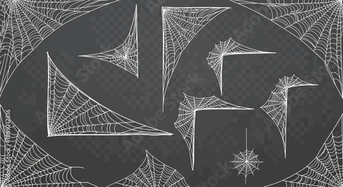Spiderwebs hang in corners and edges creating a spooky halloween atmosphere with intricate details and delicate threads, perfect for seasonal decorations.