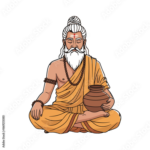 An illustration of a wise old man with a long white beard and hair tied in a bun, meditating in a lotus position while holding a pot.