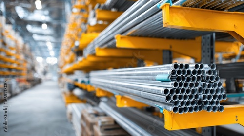 Medium shot of cantilever racking with adjustable arms holding long metal pipes main structure in sharp focus blurred warehouse background for flexible storage solutions.