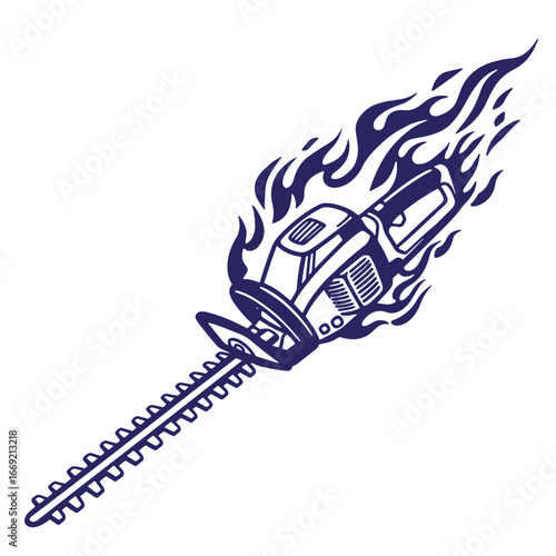 Dynamic blue vector illustration of a burning hedge trimmer on a white background
