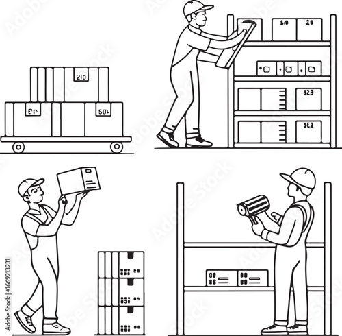 Warehouse Workers Managing Inventory and Packages - Line Art Illustration