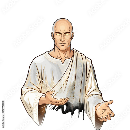 A bald man with glowing eyes in a white robe, with open hands and mystical energy, depicted in a spiritual or fantasy art style.