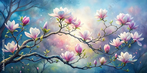 Serene Blossom Branch with Delicate Magnolia Flowers Against a Dreamy, Pastel Sky