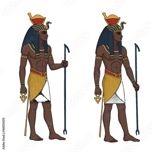 Two identical illustrations of an ancient Egyptian god, possibly Amun, holding a was-scepter and an ankh symbol.