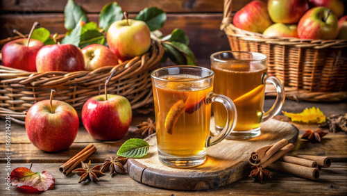 Warm apple cider with cinnamon sticks and fresh apples on a wooden table