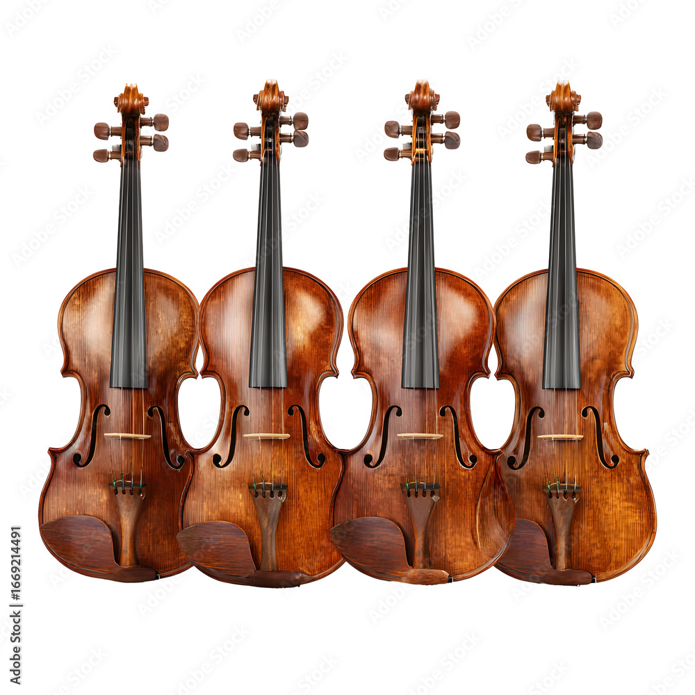Naklejka premium Harmonious Quartet: Four Violins Poised in a Symphony of Timeless Elegance and Craftsmanship