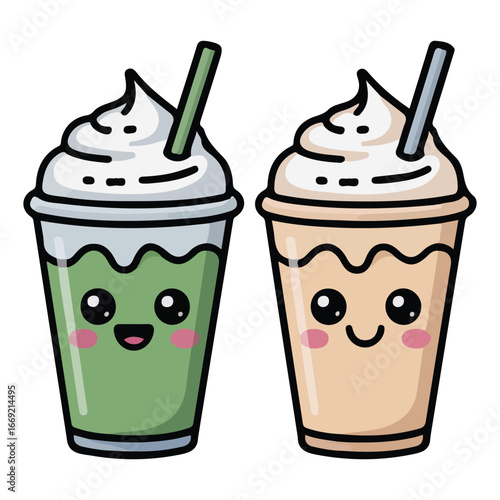 Set of ice coffee fruit smoothie green tea icons isolated vector illustration on white background