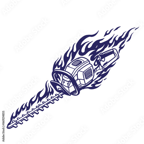 Fiery burning hedge trimmer lawn care equipment illustration on white background