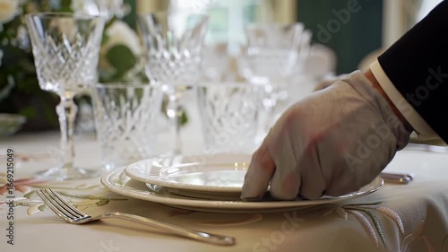 Elegant Table Setting Display Featuring White Plates Crystal Glasses and Silver Cutlery on Floral Tablecloth with gloved Hand Placing Plates for a Formal Fine Dining Event