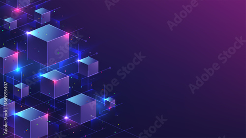 technology abstract digital network background with glowing cubes in purple blue and pink futuristic design featuring interconnected data lines and particles creating a modern cyber science concept