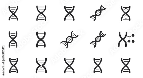 Black and white dna helix and strand icons on a white background