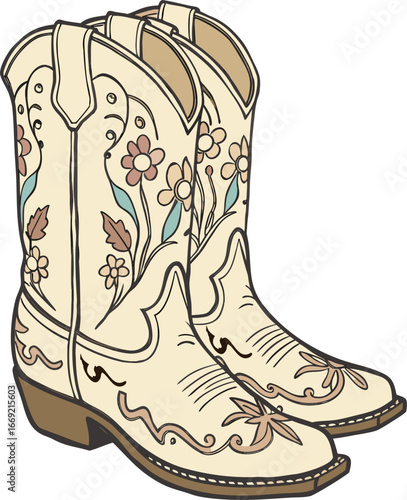 Stylish Cowboy Boots: A pair of stylish cowboy boots, adorned with intricate floral designs, stand ready for a day of adventure, embodying the spirit of the wild west and country charm.