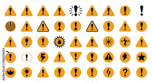 Warning signs and symbols with exclamation marks on yellow background