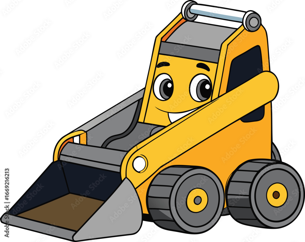 Naklejka premium A playful cartoon of a skid steer loader, featuring bold colors and a friendly design, ideal for children's content.
