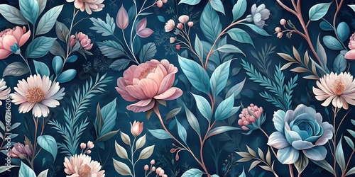 Serene Teal and Rose Floral Botanical Print Featuring Delicate Blooms and Lush Greenery, Ideal for Textile Design or Wallpaper Applications
