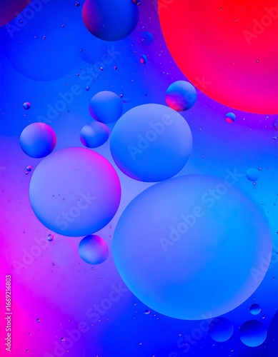 Abstract image of vibrant blue and pink bubbles of varying sizes in a liquid