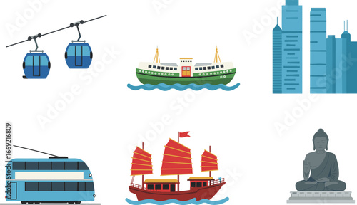 Cityscape with cable cars, ferry boats, traditional junk ship, tram, and Buddha statue, urban transport, travel, tourism, architecture