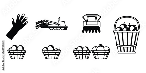 Black and white icons of agricultural harvest and produce including a hand basket of apples and eggs
