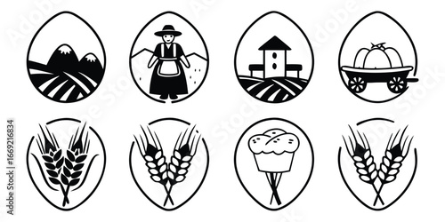 Eight black and white farm and food icons in oval frames agriculture harvest