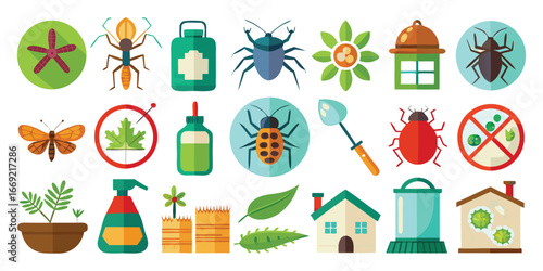 Collection of flat design icons representing insects plants and pest control items garden butterfly