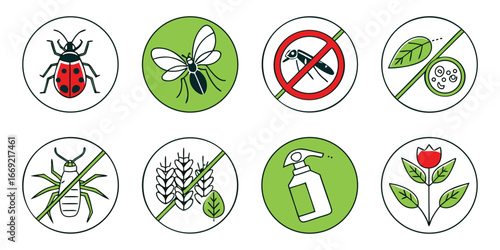 Set of eight circular icons depicting pest control and plant care insect ladybug