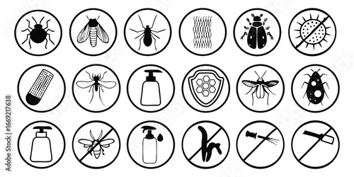 Collection of black and white icons depicting insects and pest control symbols vector