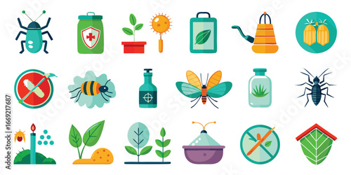 Collection of flat design icons related to pest control and gardening insect beetle