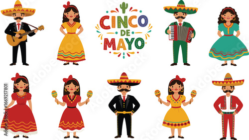 Cinco de Mayo celebration illustration with traditional Mexican costumes, mariachi musicians, folk dancers, sombreros, maracas, colorful festive decorations, cartoon style