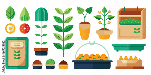 Collection of flat design illustrations of plants and gardening items in green brown and yellow colors