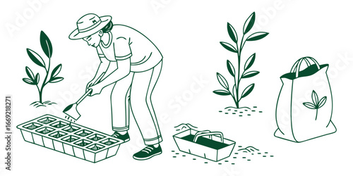 Person wearing hat planting seedlings in tray with gardening tools and bag vector