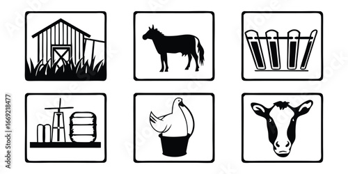 Six black and white farm icons including a barn horse feeders windmill chicken and cow head vector