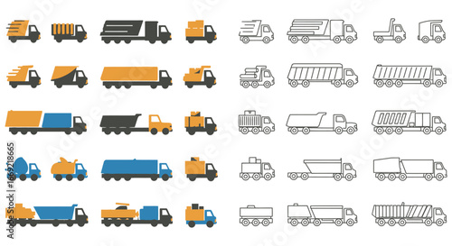 A variety of colorful truck icons and line drawings on white background