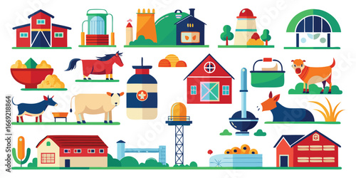 Collection of flat design farm buildings animals and equipment in various colors barn silo