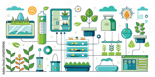 Colorful illustration of hydroponic farming system with plants and water hydroponics growth