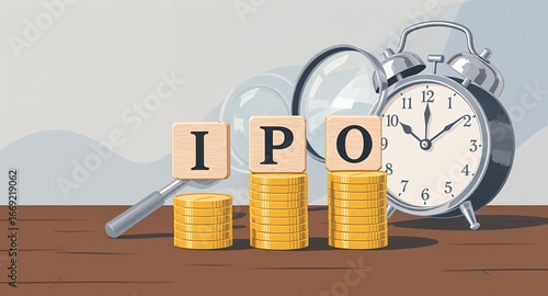 IPO Concept with Coins, Clock, and Magnifying Glass