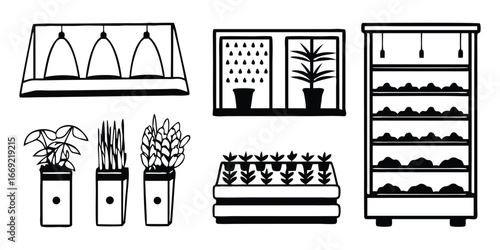 Black and white line art illustrations of indoor gardening setups with plants and grow lights