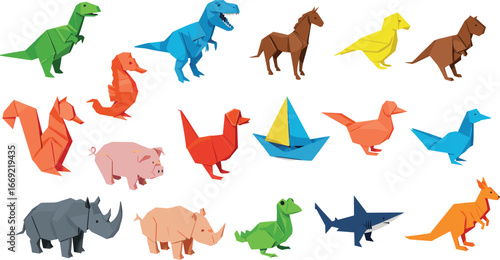 Colorful origami animals, dinosaurs, birds, and sea creatures made from paper, perfect for creative projects, crafts, kids, and education.